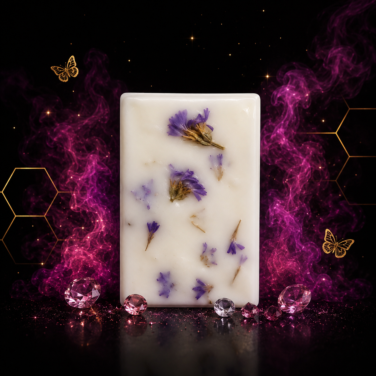 White aromatherapy wax bar set with dried purple flowers