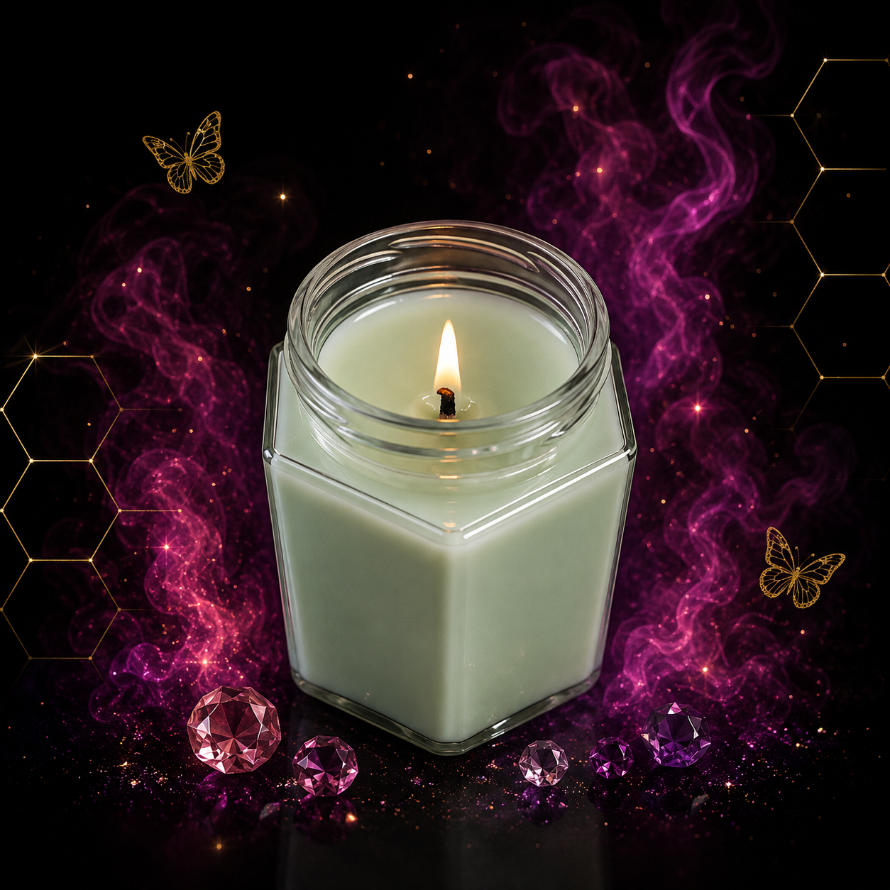 Pale green soy candle in a faceted glass jar with a lit wick