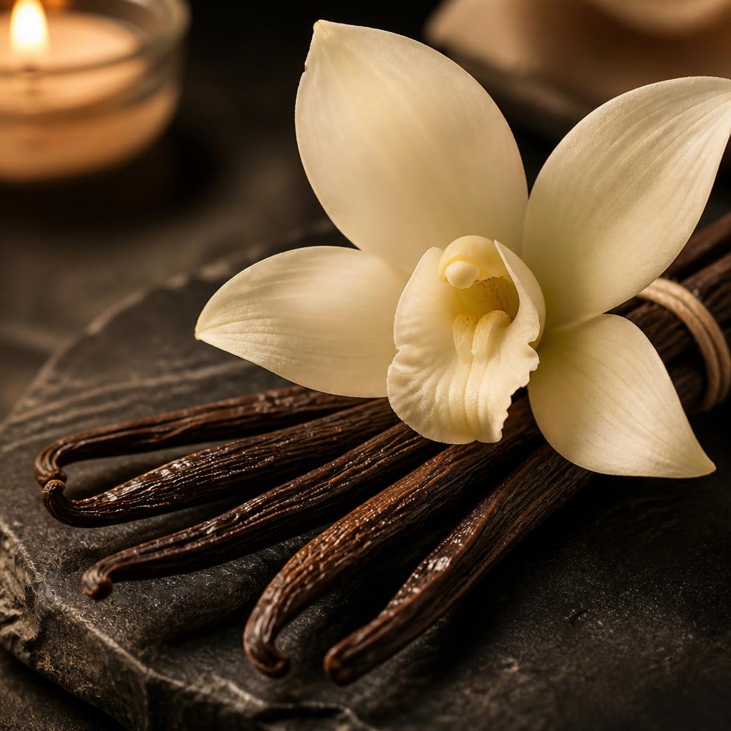 Vanilla flower and pods representing gourmand scents